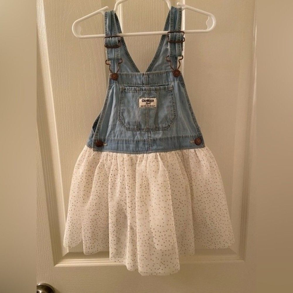 Oshkosh B'gosh Overall Dress Denim White Tulle Metallic Gold Polka Dots Size 4T